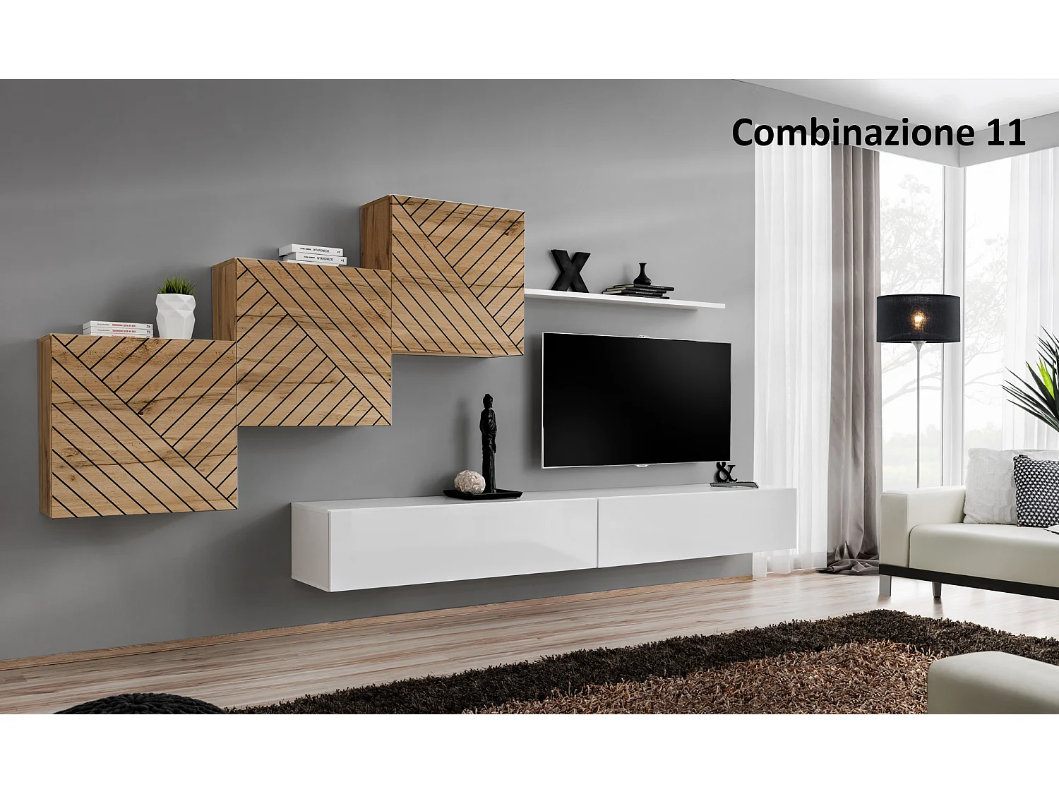 Parete attrezzata mobile TV moderna 330x160 bianco e rovere PAP54