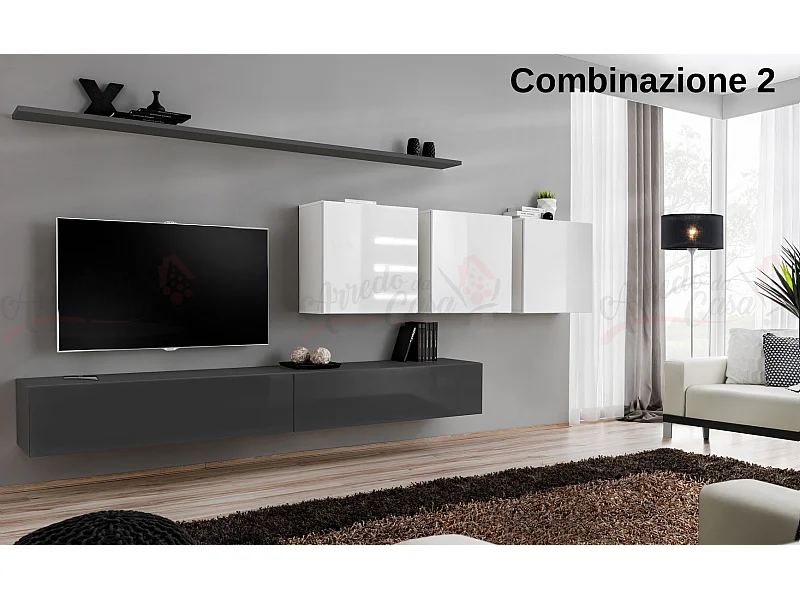Parete attrezzata da soggiorno sospesa PAP51 340x150 grigio e bianco
