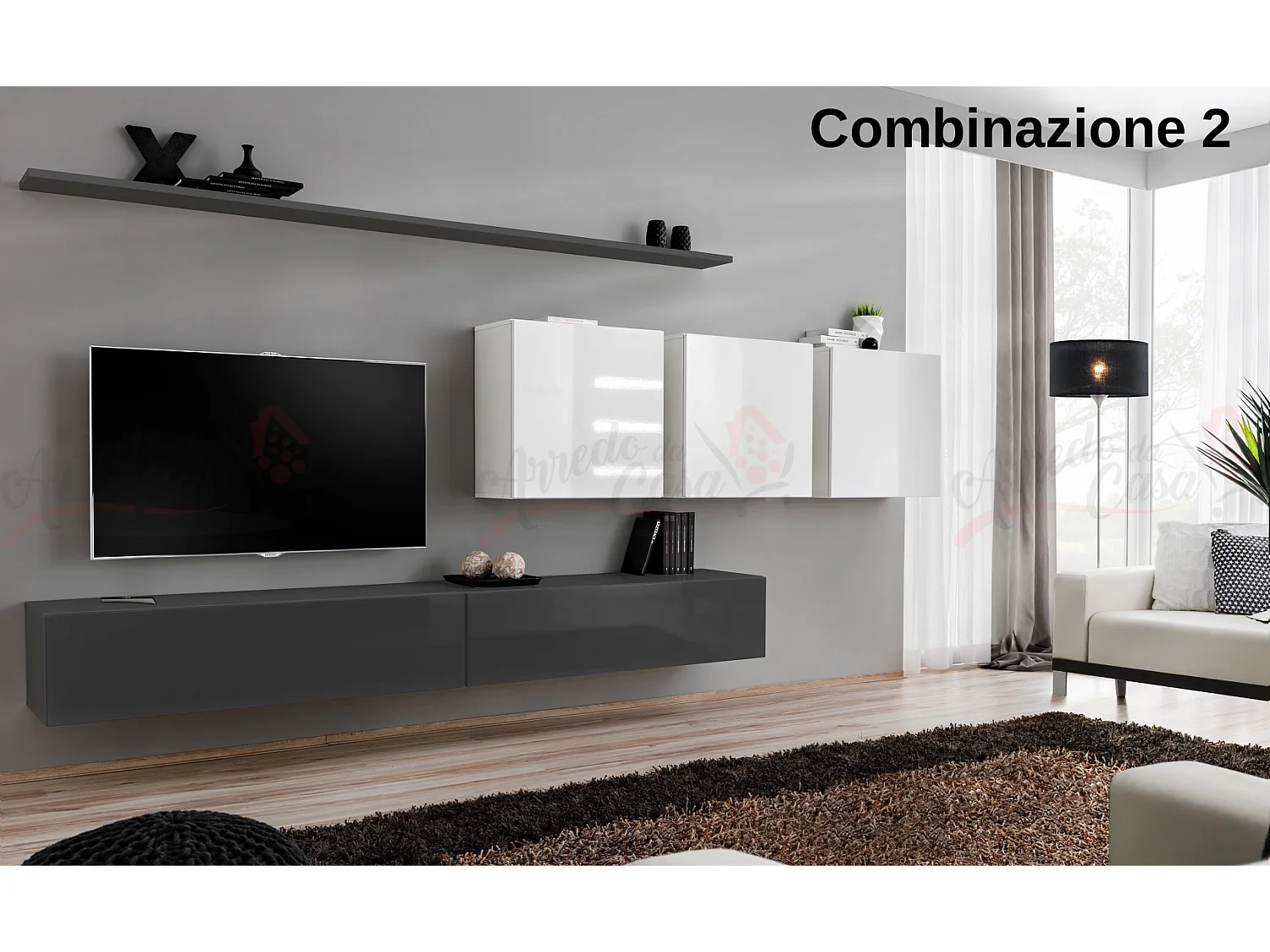 Parete attrezzata da soggiorno sospesa PAP51 340x150 grigio e bianco