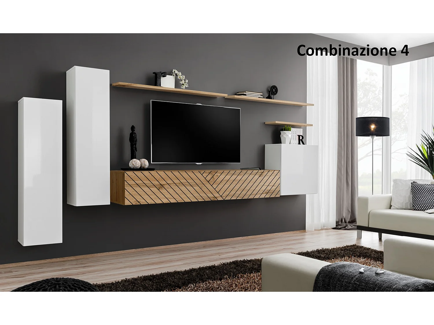 Parete attrezzata moderna sospesa PAP45 330x160 bianco e rovere