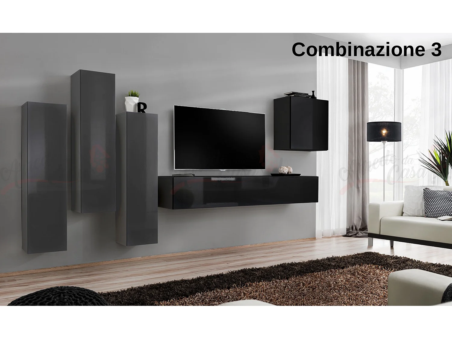 Parete attrezzata soggiorno sospesa 270x160 grigio e nero PAP47