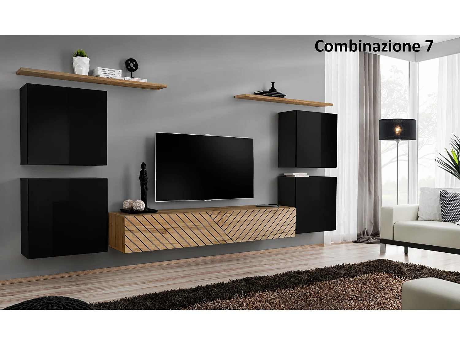 Parete attrezzata sospesa stile moderno PAP48 320x150 nero e rovere