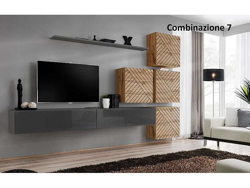 Parete attrezzata per soggiorno design moderno PAP53 310x200 grigio e rovere