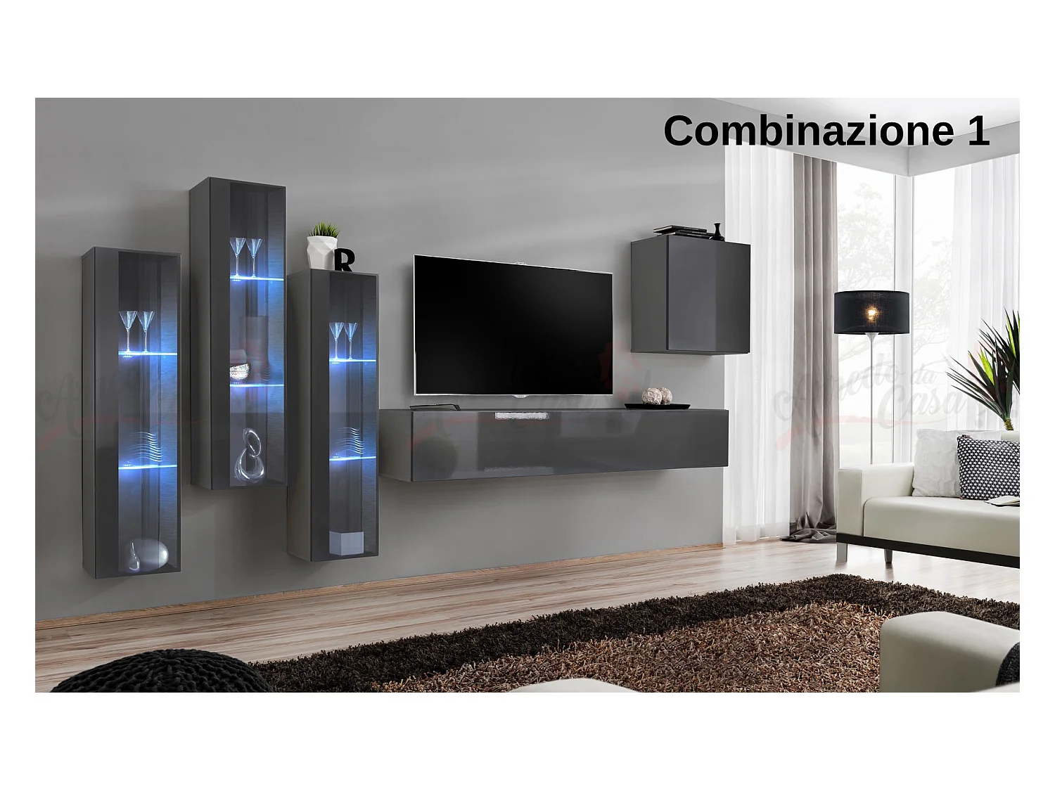 Parete attrezzata da soggiorno con luci LED 270x160 grigio PAP57