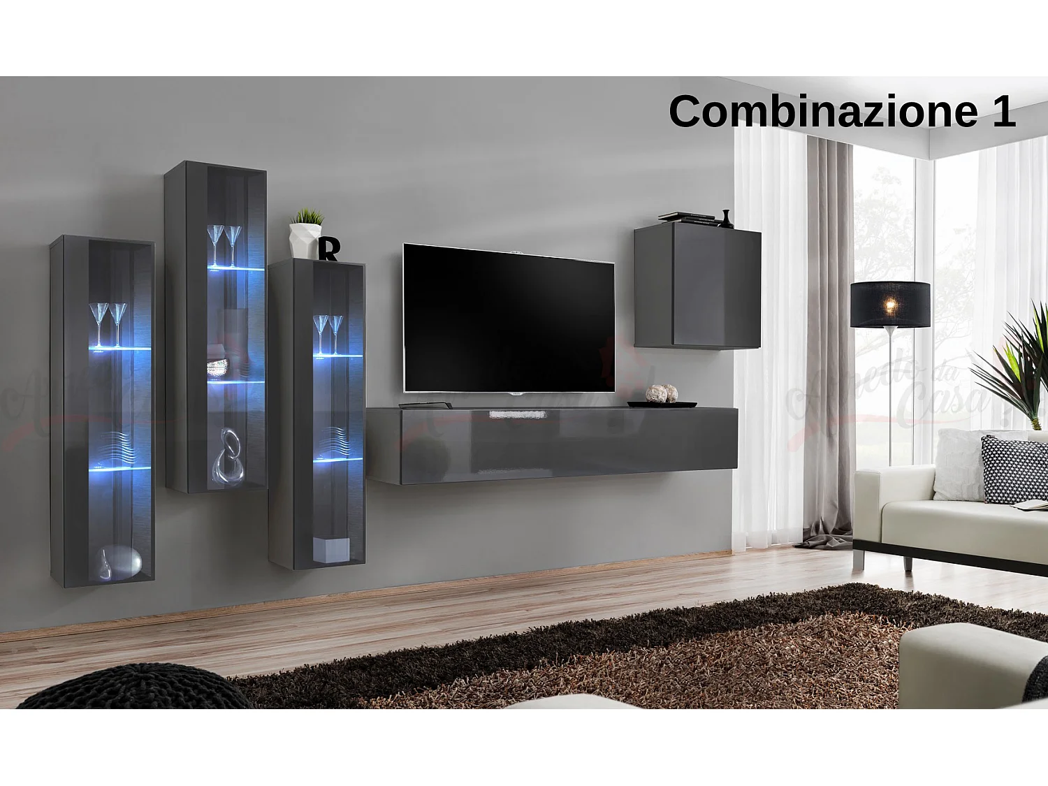 Parete attrezzata da soggiorno con luci LED 270x160 grigio PAP57