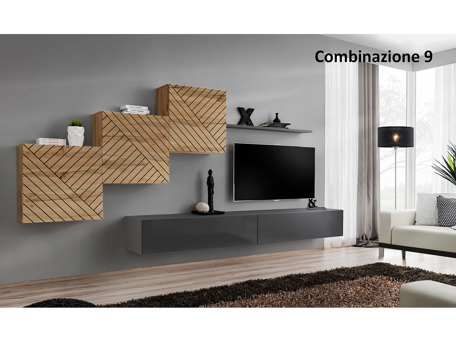 Parete attrezzata mobile TV moderna PAP54 330x160 rovere e grigio