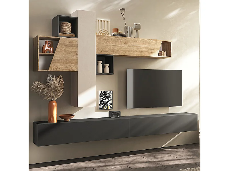 Parete attrezzata sospesa 276x175 cm rovere, beige e grafite PAL81