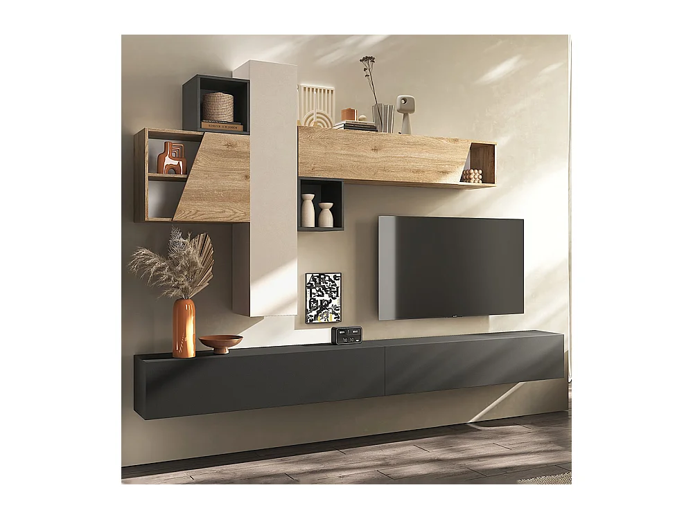 Parete attrezzata sospesa 276x175 cm rovere, beige e grafite PAL81