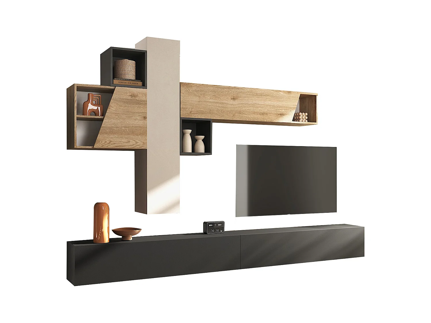 Parete attrezzata sospesa 276x175 cm rovere, beige e grafite PAL81