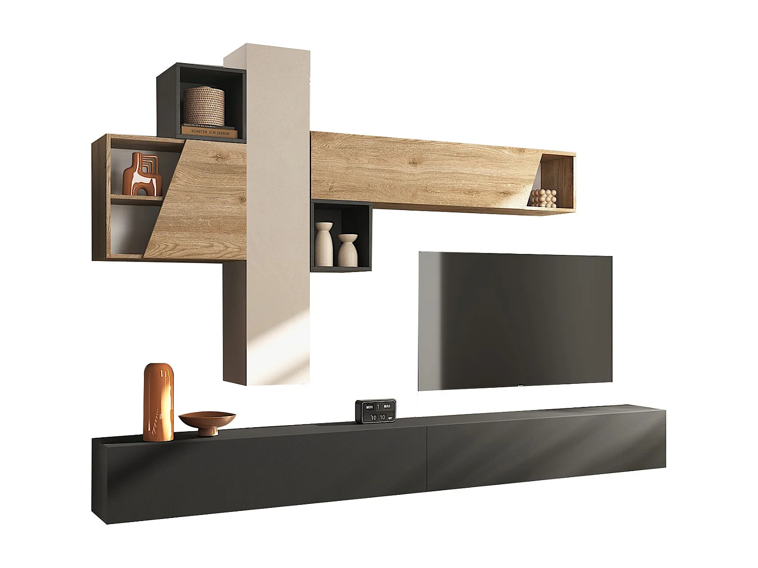 Parete attrezzata sospesa 276x175 cm rovere, beige e grafite PAL81