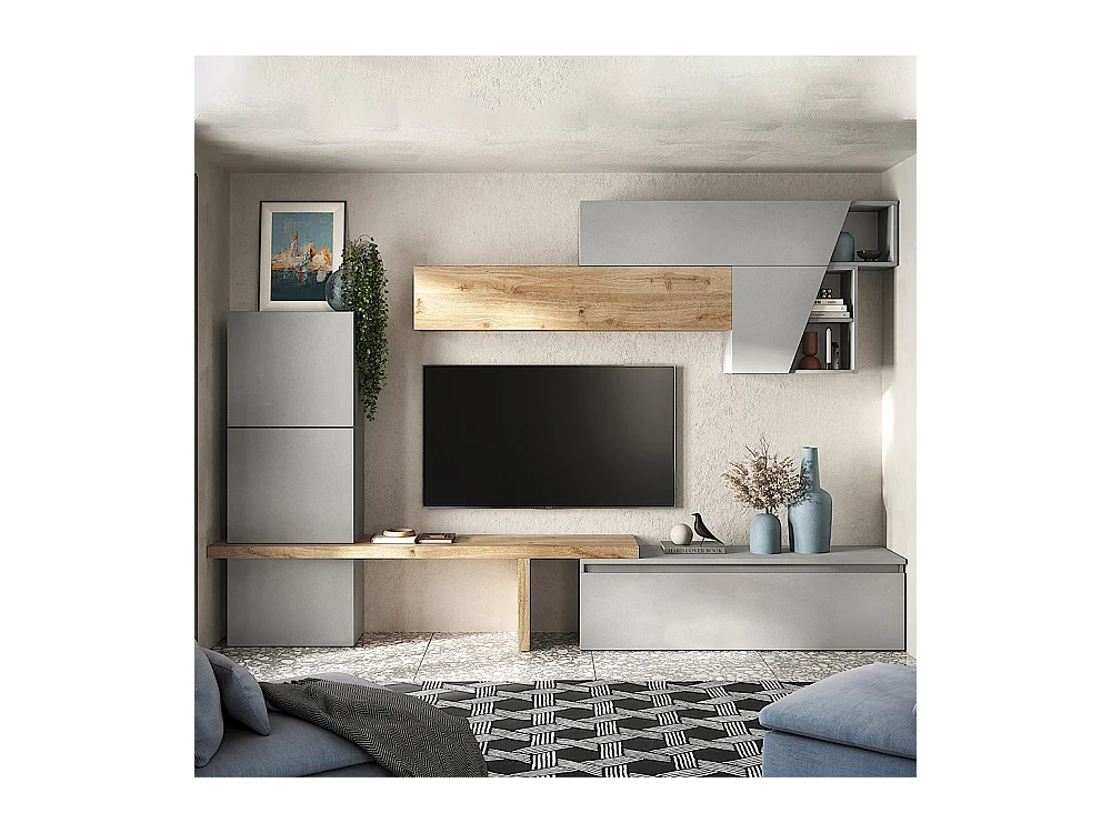 Parete attrezzata elegante 305x210 cm rovere e grigio chiaro PAL71