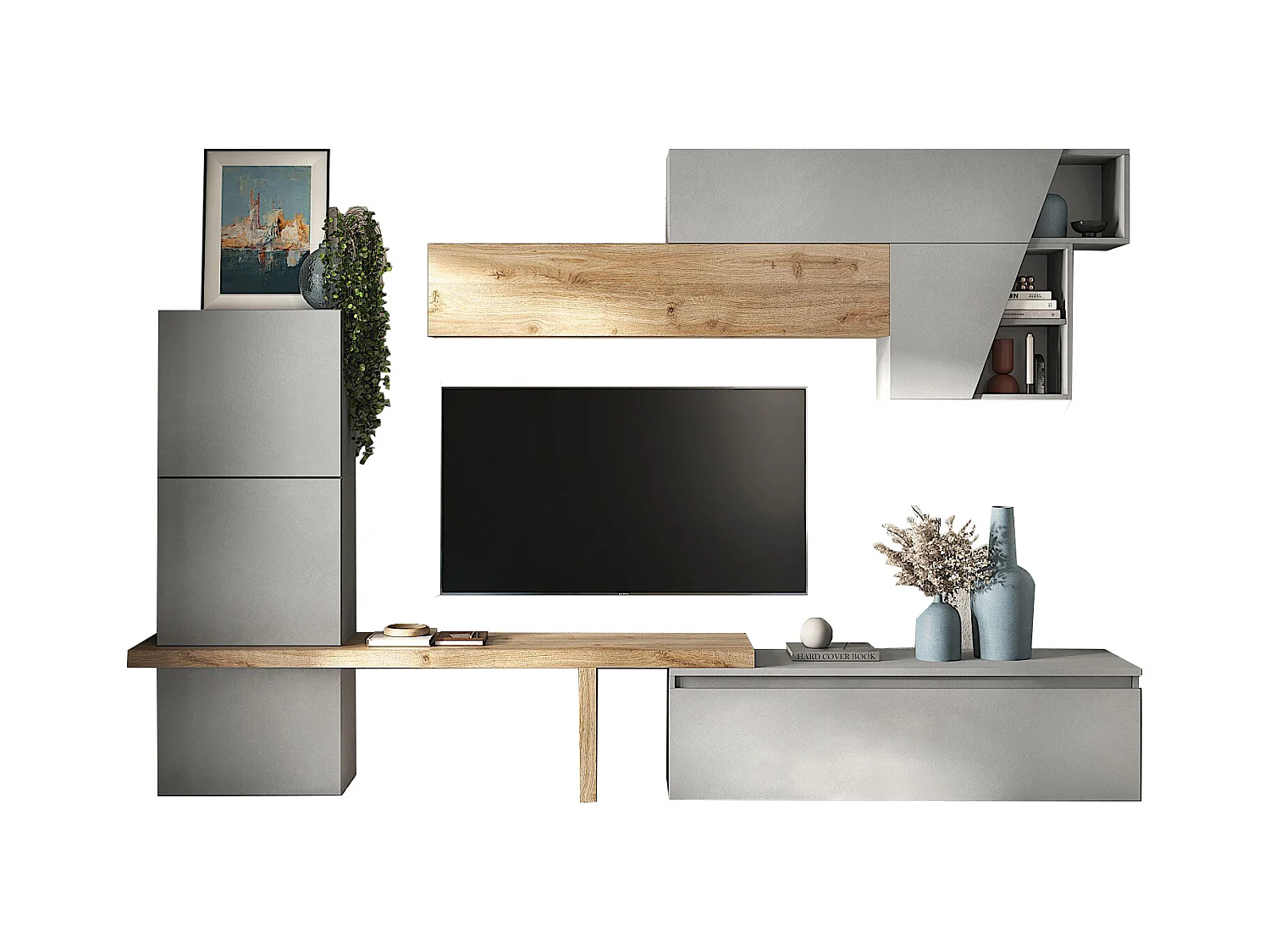 Parete attrezzata elegante 305x210 cm rovere e grigio chiaro PAL71