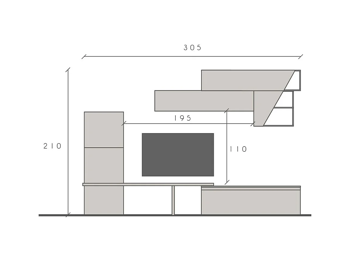Parete attrezzata elegante 305x210 cm rovere e grigio chiaro PAL71
