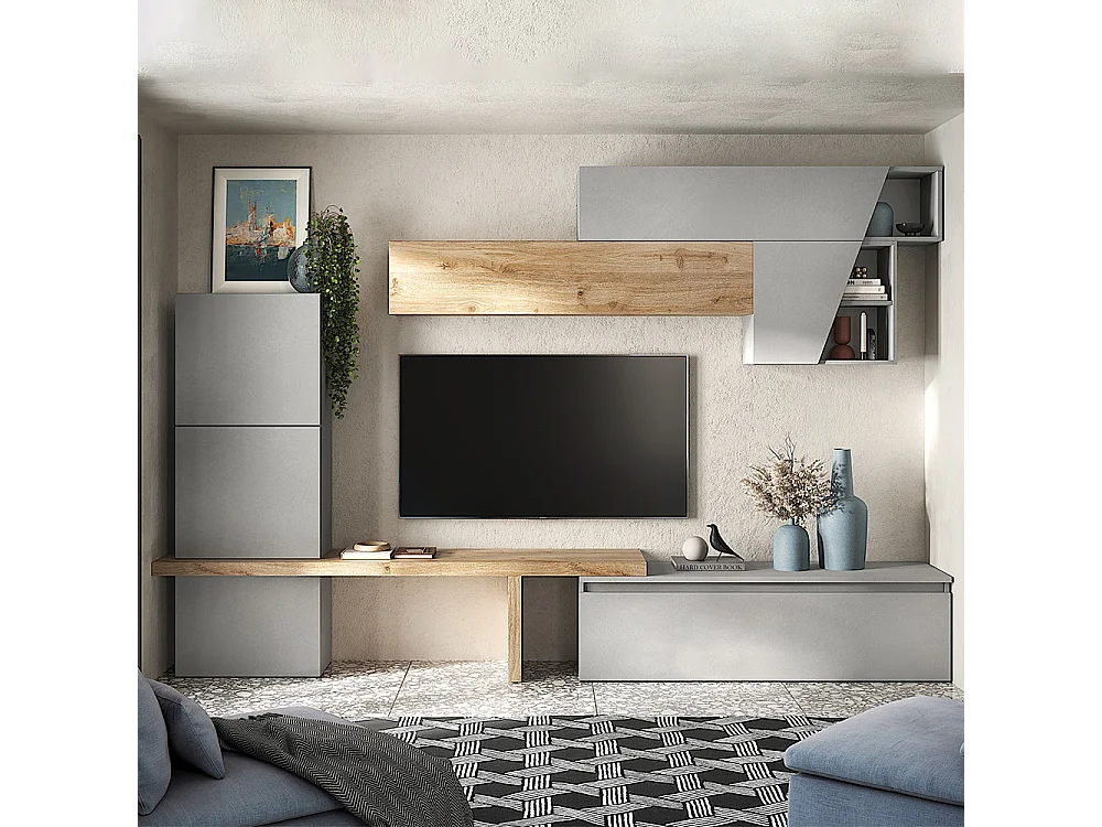 Parete attrezzata elegante 305x210 cm rovere e grigio chiaro PAL71