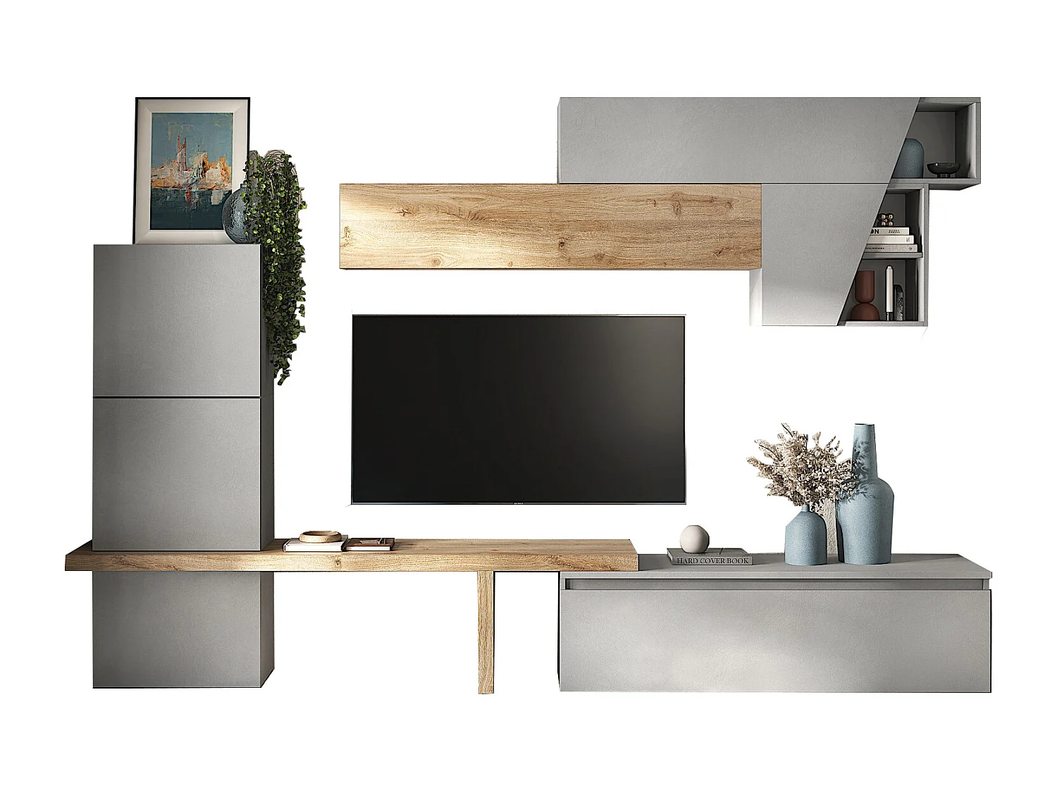 Parete attrezzata elegante 305x210 cm rovere e grigio chiaro PAL71