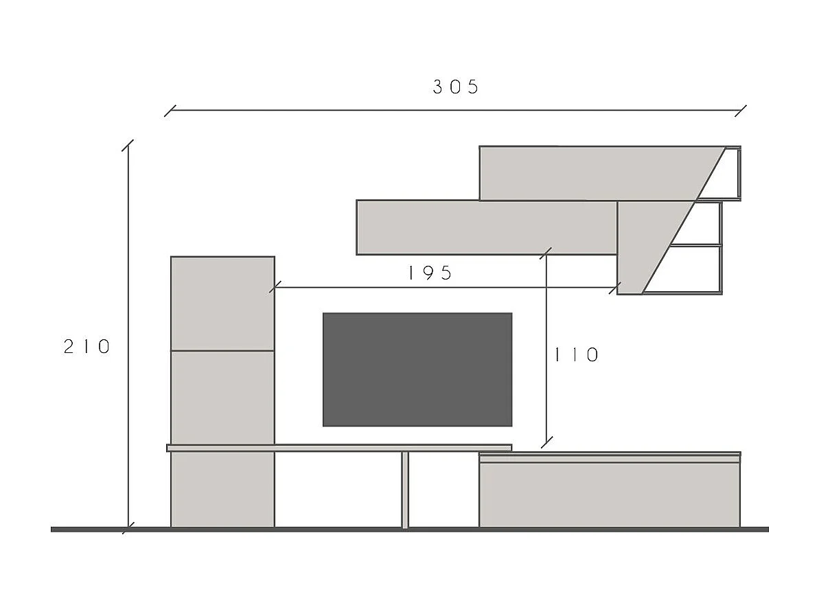Parete attrezzata elegante 305x210 cm rovere e grigio chiaro PAL71