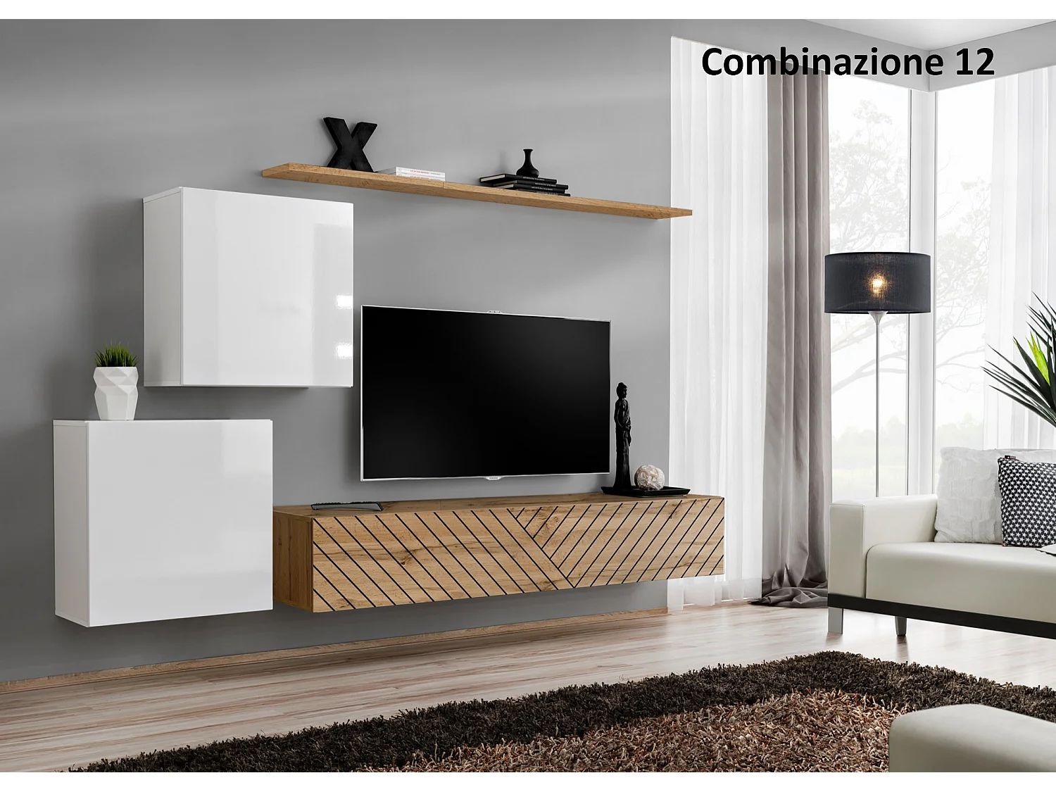 Parete attrezzata moderna mobile TV PAP49 250x150 bianco e rovere