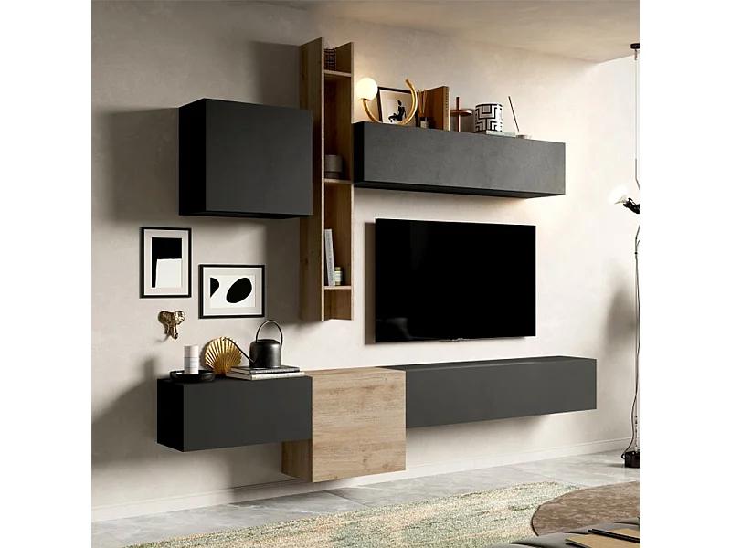 Parete attrezzata sospesa 262x220 cm rovere e grafite PAL20