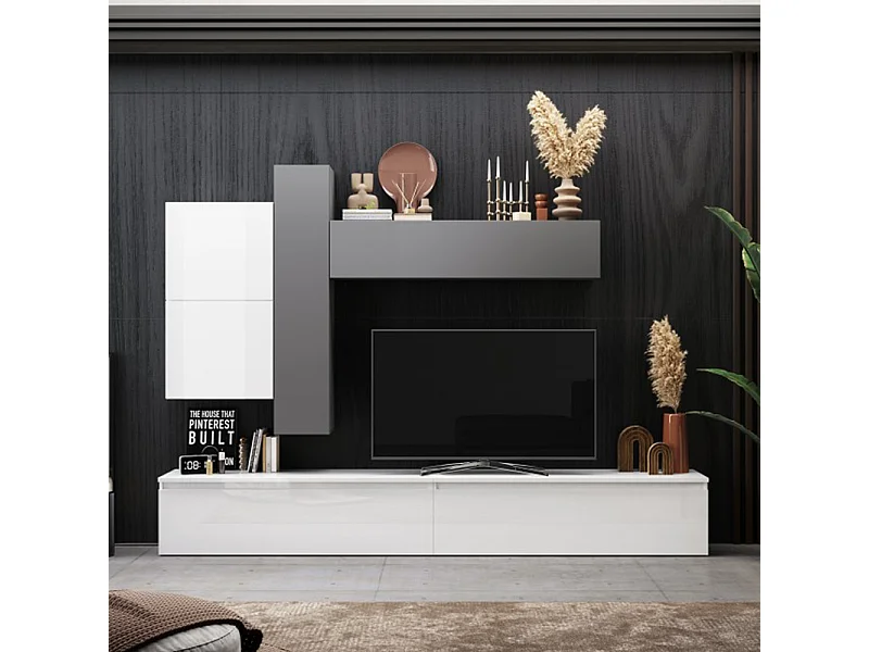 Parete attrezzata moderna 276x190 cm grigio e bianco lucido PAL16