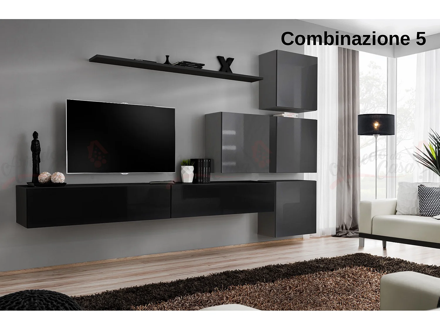 Parete attrezzata per soggiorno design moderno PAP53 310x200 nero e grigio