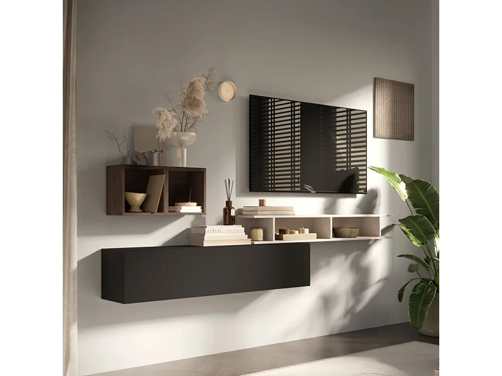 Parete attrezzata sospesa piccola 190x120 cm beige, grafite e noce PAL55