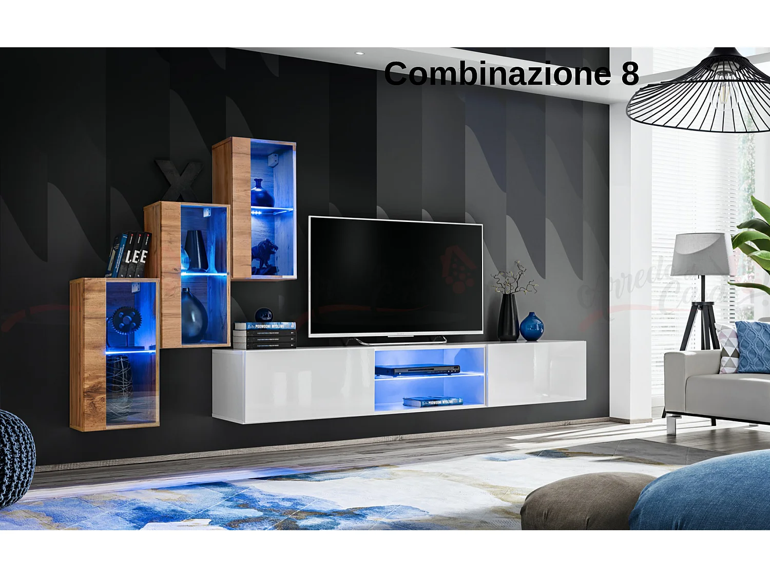 Parete attrezzata soggiorno moderna mobile TV sospeso 240x170 rovere e bianco PAP68
