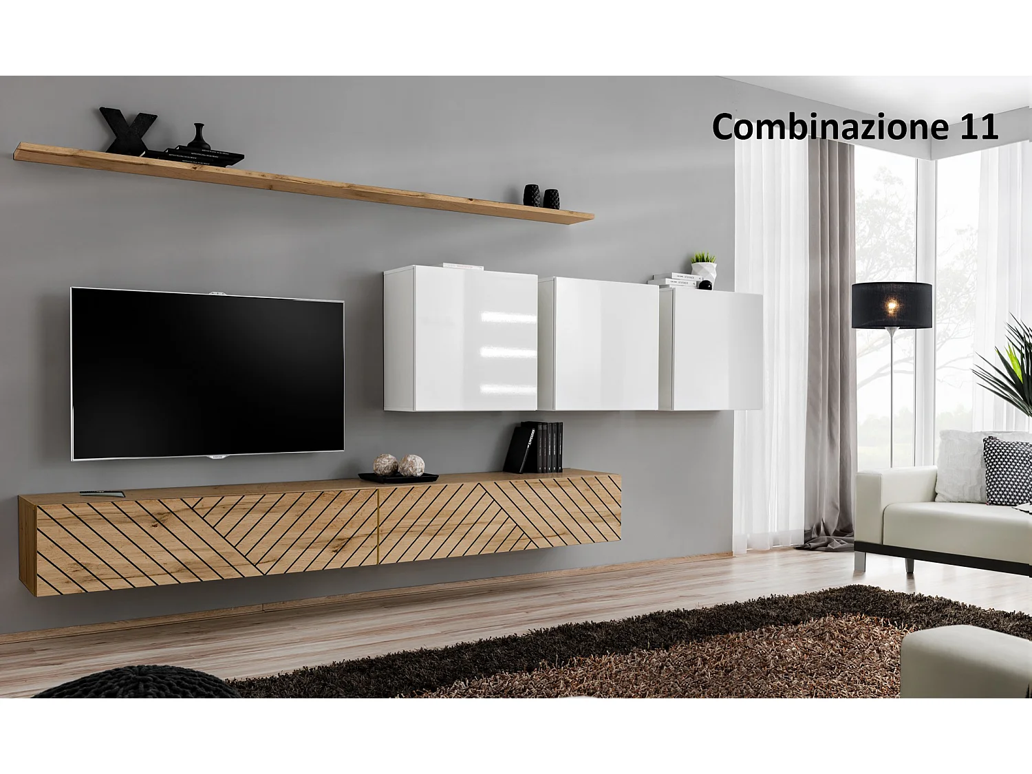 Parete attrezzata da soggiorno sospesa 340x150 rovere e bianco PAP51