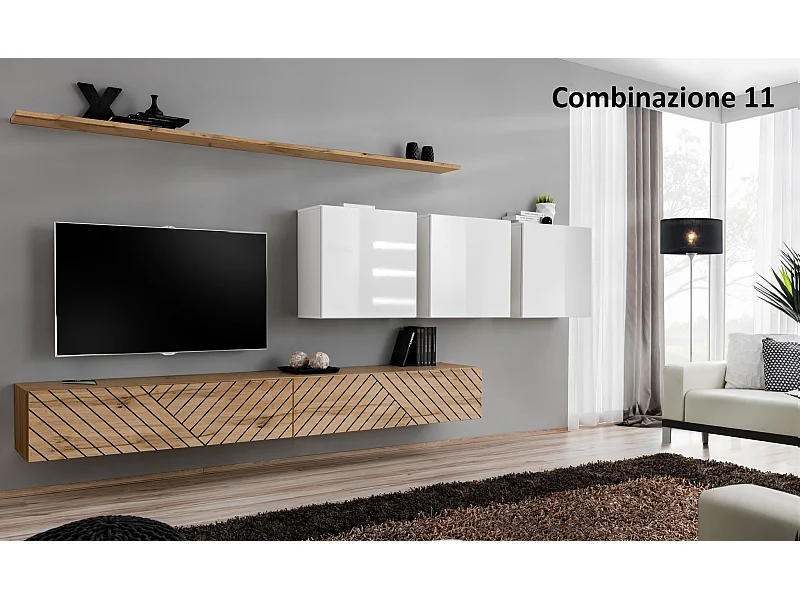 Parete attrezzata da soggiorno sospesa 340x150 rovere e bianco PAP51