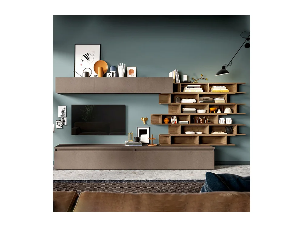 Parete attrezzata con libreria sospesa 345x164 cm bronzo e noce PAL21