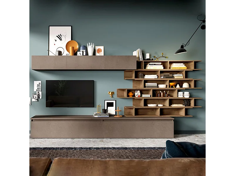 Parete attrezzata con libreria sospesa 345x164 cm bronzo e noce PAL21