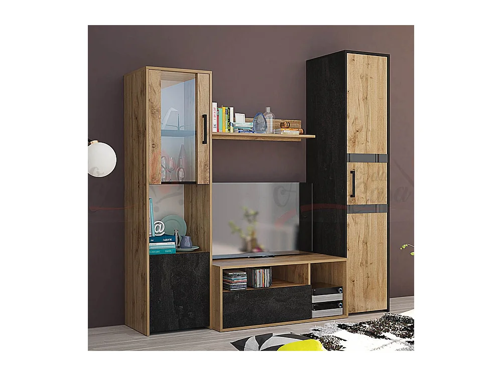 Parete attrezzata moderna con vetrinetta in rovere e nero SG28