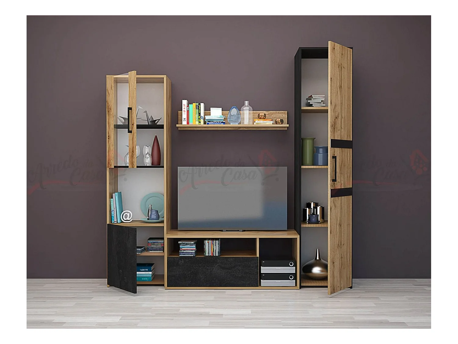 Parete attrezzata moderna con vetrinetta in rovere e nero SG28