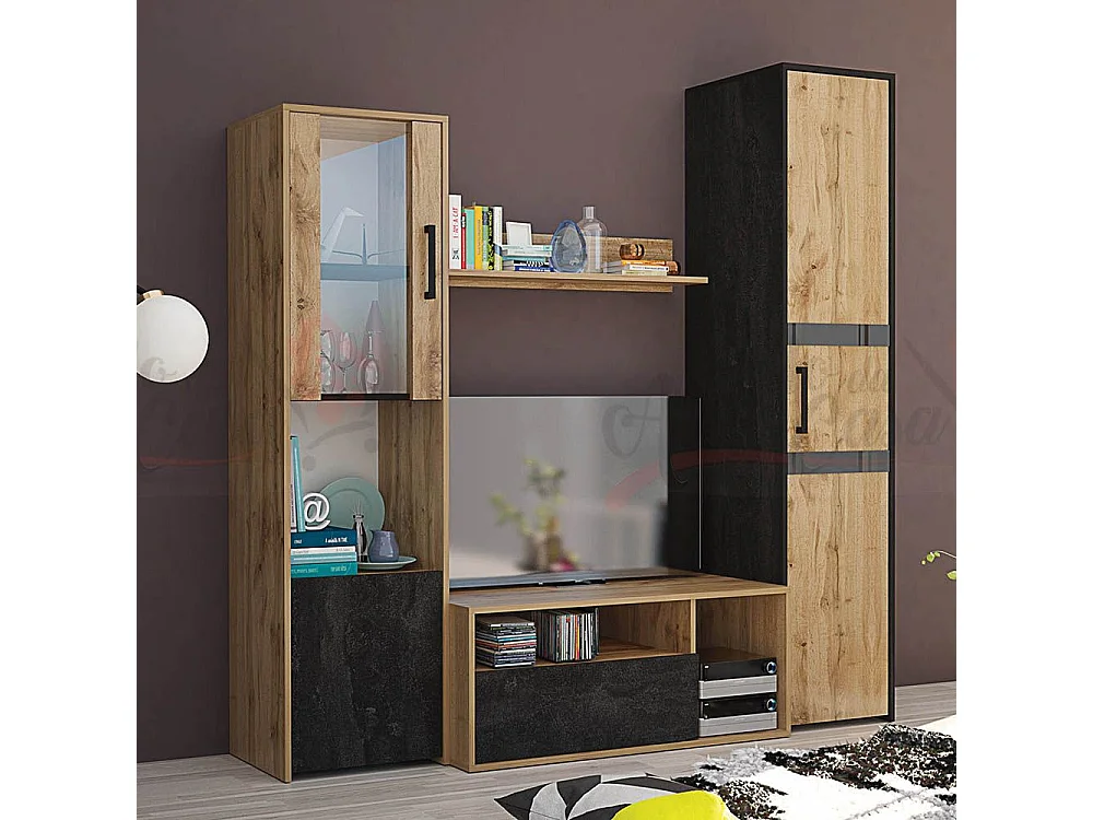 Parete attrezzata moderna con vetrinetta in rovere e nero SG28