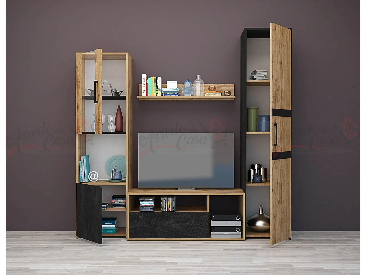 Parete attrezzata moderna con vetrinetta in rovere e nero SG28