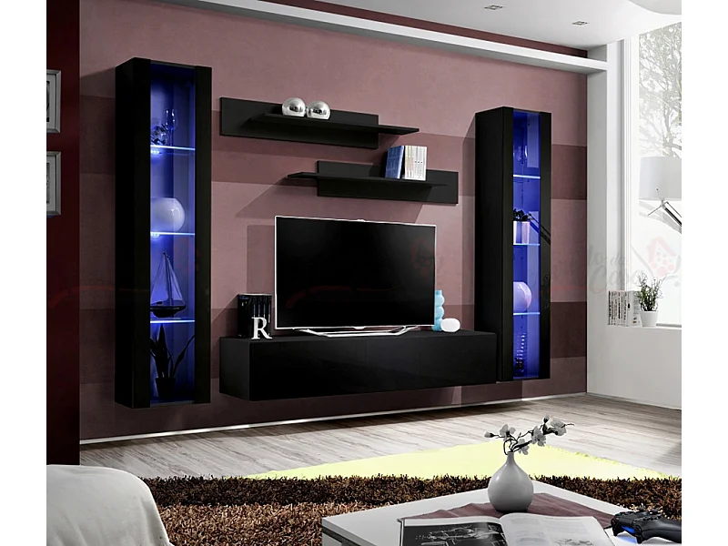 Parete attrezzata moderna per soggiorno completa 260x190 nero PAP82