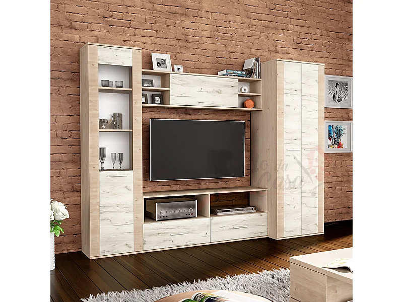 Parete attrezzata moderna effetto legno PAI6037 235x180 rovere chiaro