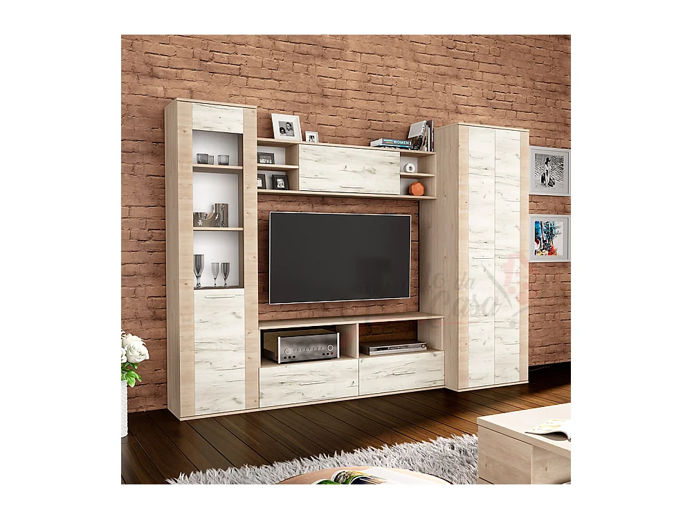 Parete attrezzata moderna effetto legno PAI6037 235x180 rovere chiaro