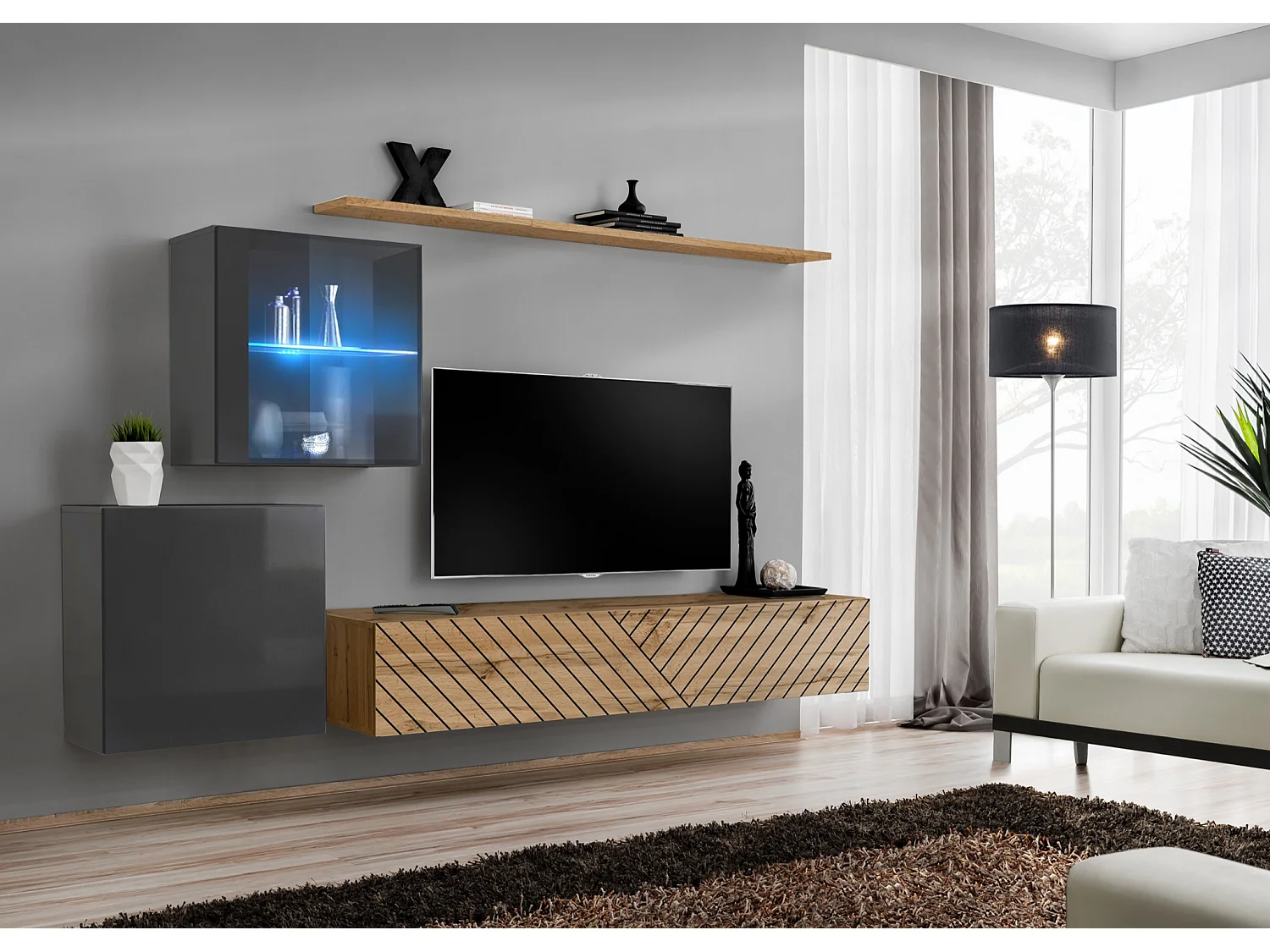 Parete attrezzata design moderno con vetrina illuminata PAP59 250x150 grigio e rovere