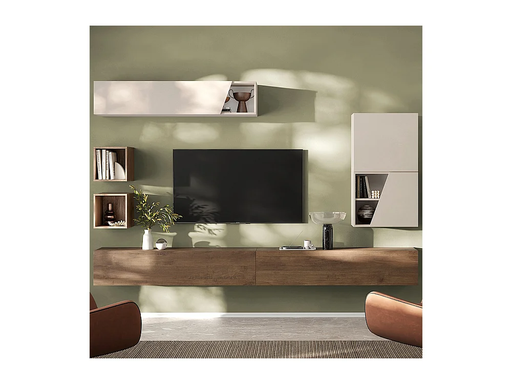 Parete attrezzata sospesa 205x210 cm beige e noce PAL72