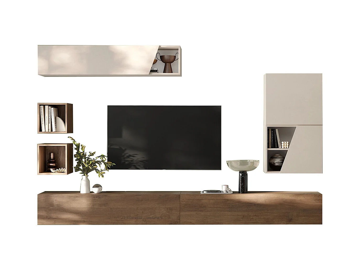 Parete attrezzata sospesa 205x210 cm beige e noce PAL72