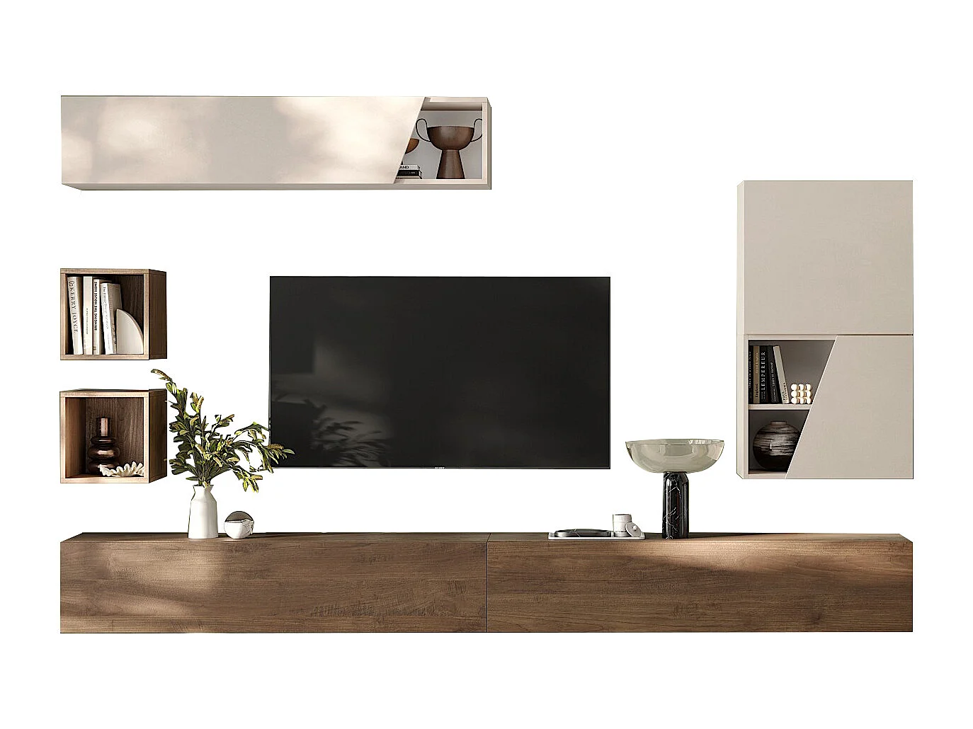 Parete attrezzata sospesa 205x210 cm beige e noce PAL72