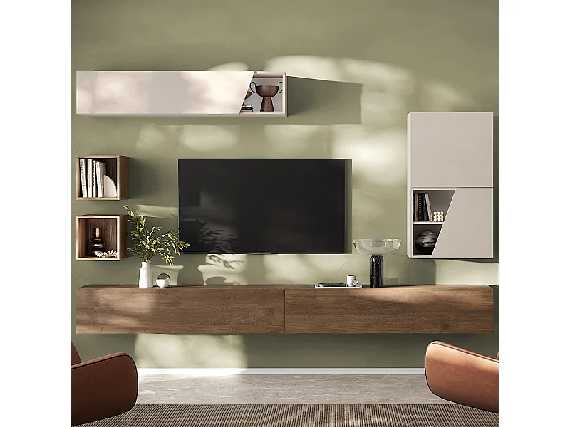 Parete attrezzata sospesa 205x210 cm beige e noce PAL72