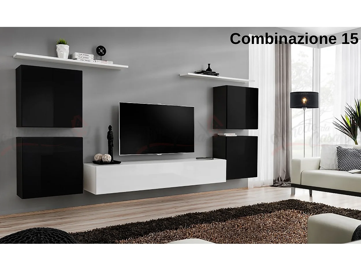 Parete attrezzata sospesa stile moderno PAP48 320x150 nero e bianco