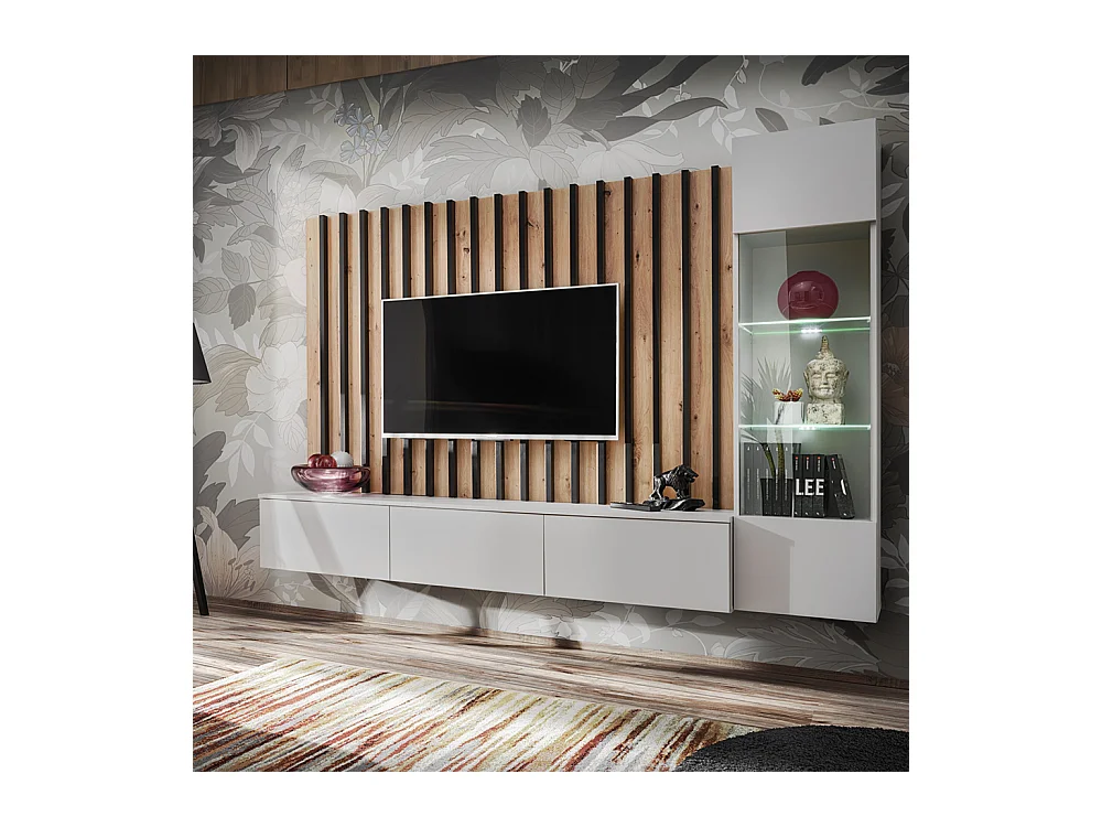 Parete attrezzata sospesa per salotto 220x148 antracite, rovere e grigio perla PAP143