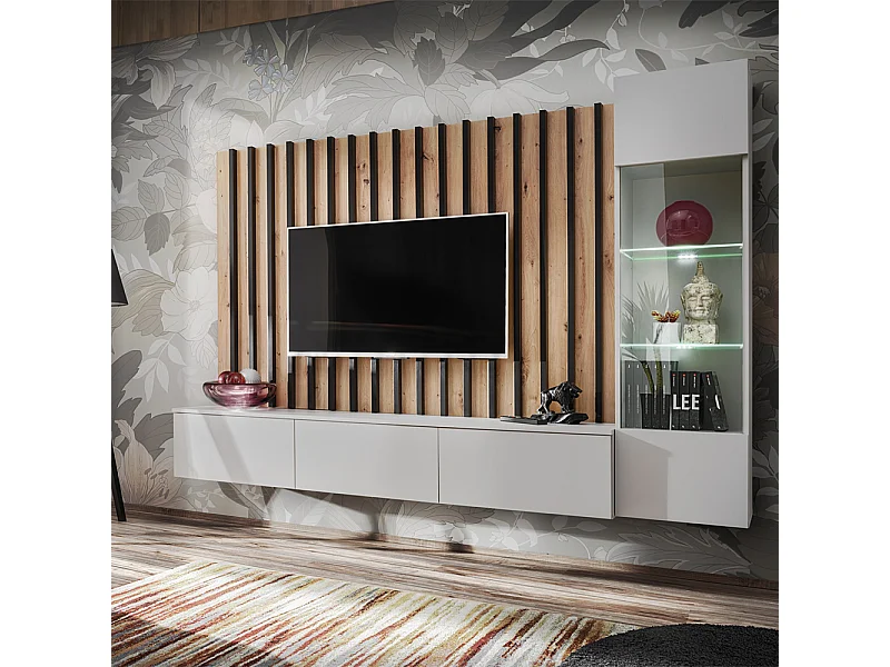 Parete attrezzata sospesa per salotto 220x148 antracite, rovere e grigio perla PAP143