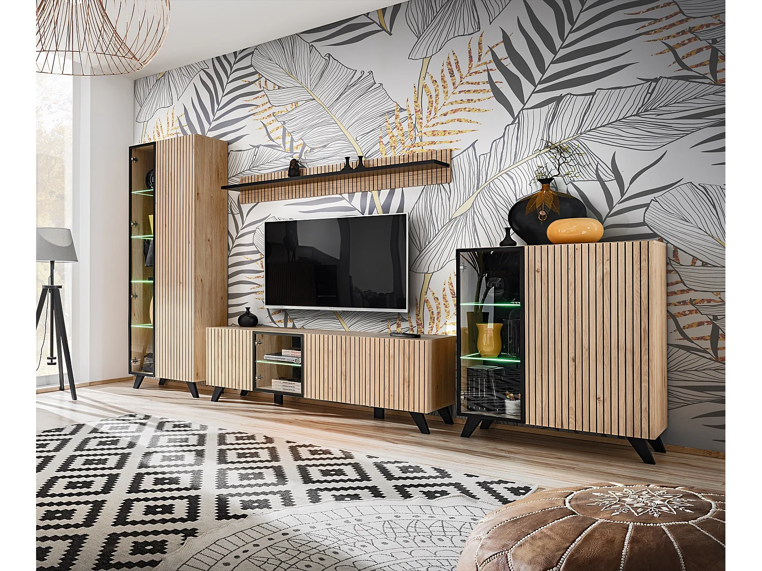 Parete attrezzata moderna con stampa a strisce 320x192 PAP146 rovere e stampa a strisce nere