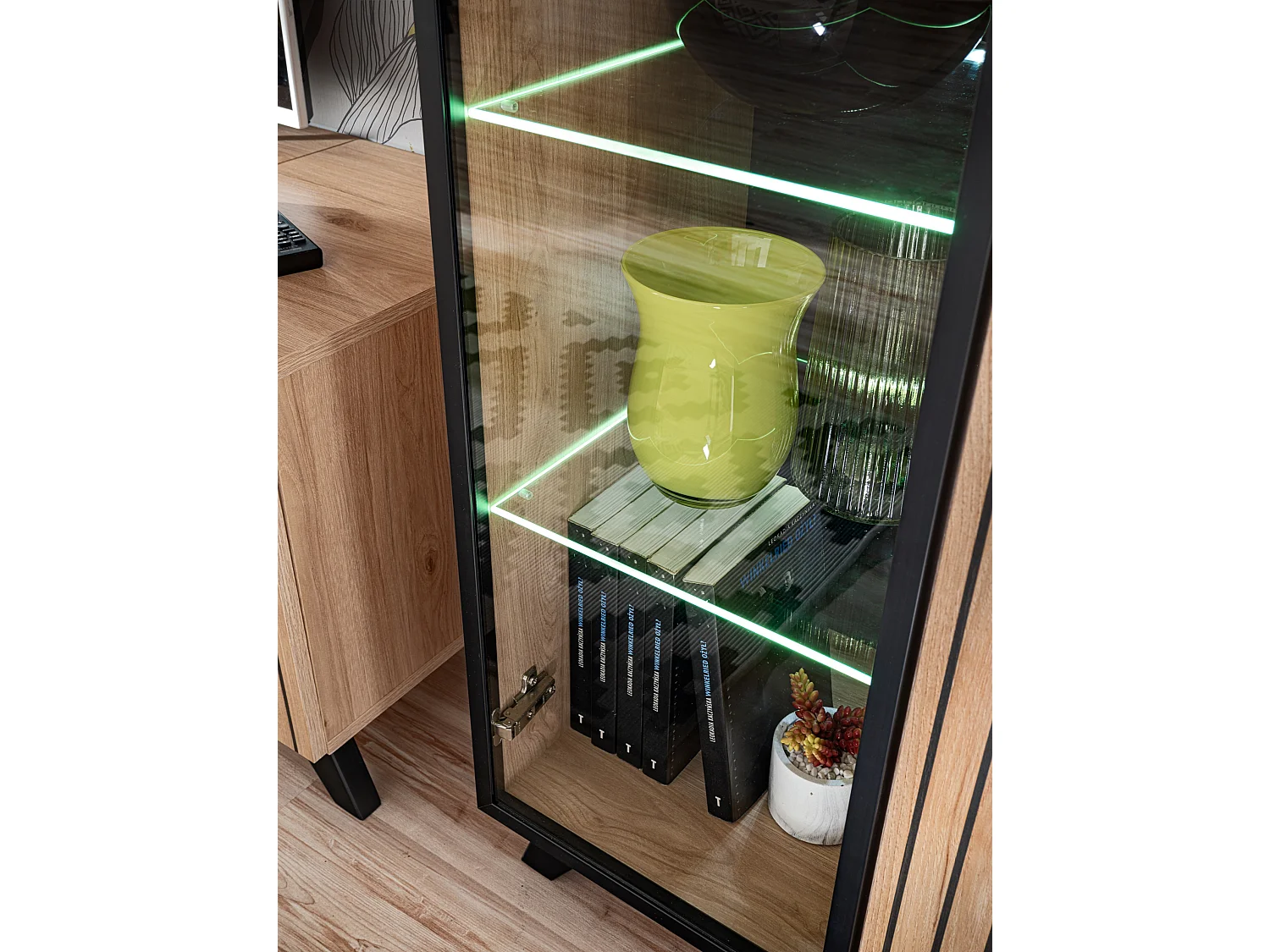 Parete attrezzata moderna con stampa a strisce 320x192 PAP146 rovere e stampa a strisce nere