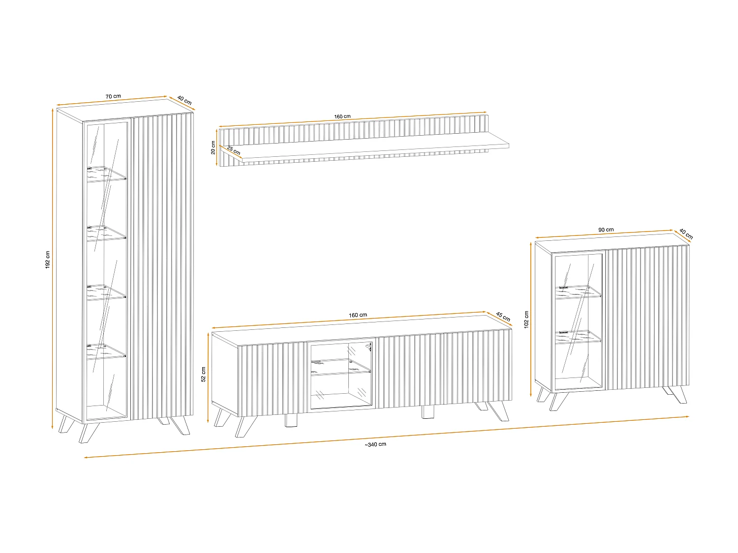 Parete attrezzata moderna con stampa a strisce 320x192 PAP146 rovere e stampa a strisce nere