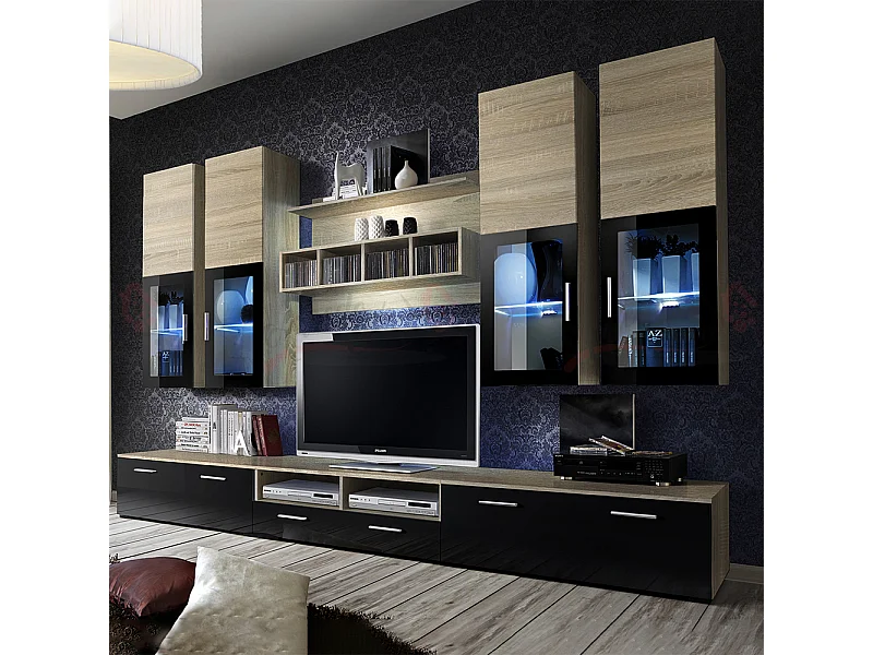 Parete attrezzata soggiorno con vetrine sospese e led 300x190 quercia e nero PAP24