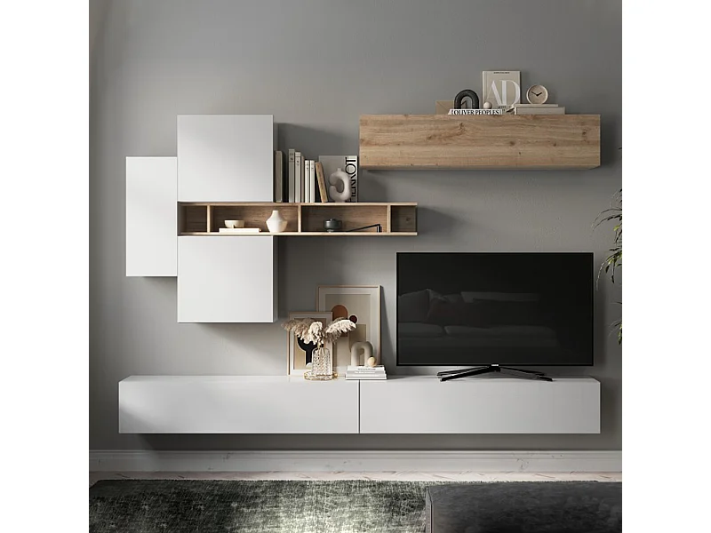 Parete attrezzata sospesa 276x210 cm bianco lucido e rovere PAL51